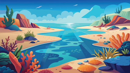 Digital illustration of a tropical coral reef seascape with underwater tropical landscape wildlife environment sunlight vacation colorful illustration paradise destination ecosystem © icon sos