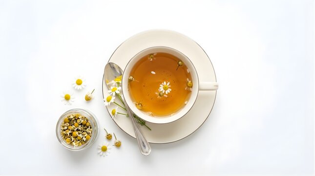 Top view of chamomile tea cup with fresh flowers and dry herbal tea leaves perfect for healthy lifestyle health wellness