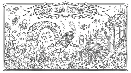 Obraz premium Deep Sea Explorer Adventure Scene With Shipwreck and Coral Reef.