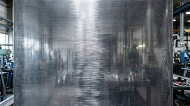 A large, metallic, industrial-looking object with a reflective surface, possibly a piece of machinery or equipment, in a dimly lit, industrial setting with machinery in the background.
