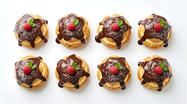 Top view of eight delicious cream puffs topped with chocolate ganache and fresh raspberries for gourmet bakery menu