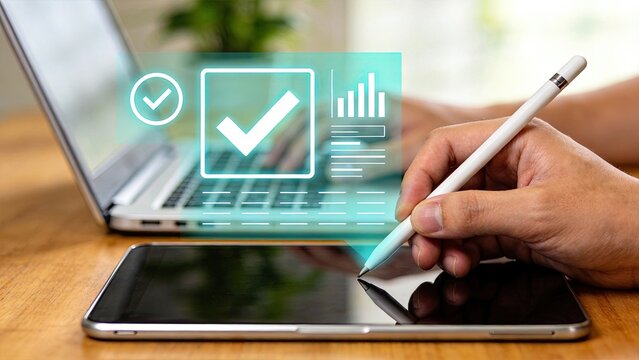 Hand using stylus on tablet with checklist and analytics graphic overlay, digital planning tool, productivity app interface, task management system, data visualization