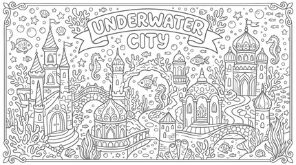 Obraz premium Detailed line drawing of an underwater cityscape illustration.