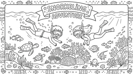 Underwater Snorkeling Scene Featuring Divers Exploring a Coral Reef and Abundant Marine Life. © pixmastock