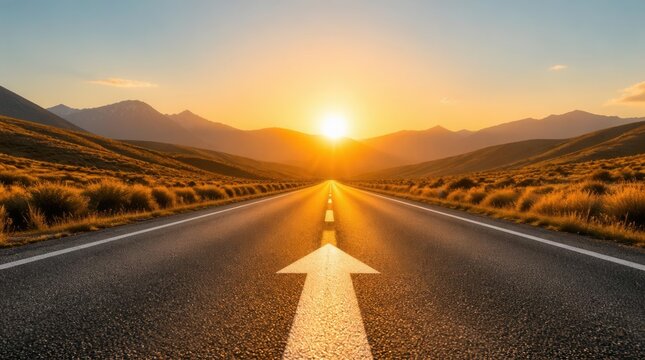 Long straight asphalt road with white arrow pointing toward mountain sunrise