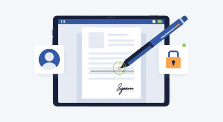 Obraz premium A person signs a document on a tablet with a pen and security icons