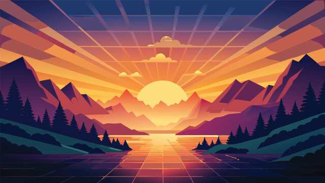 Stylized vector landscape with sunset over mountain range and forest lake mountain landscape illustration environment reflection wilderness peaceful stylized background wallpaper abstract