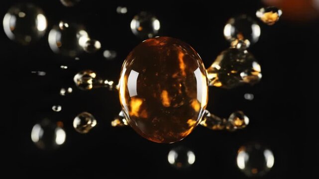 Macro view of amber liquid spheres and coffee droplets suspended in zero gravity against a black background, showcasing internal bubbles and shallow depth of field.