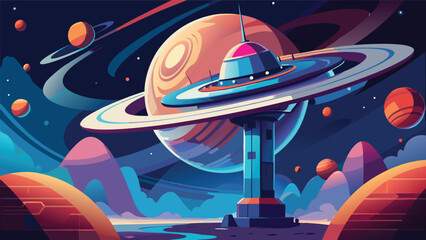 Futuristic space station radar tower on planet surface with ringed planet background deep space satellite technology astronomy exploration universe astrophysics communication illustration © icon sos