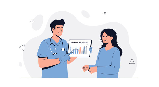 Doctor showing patient daily calorie average chart on tablet, healthcare consultation, healthy lifestyle concept