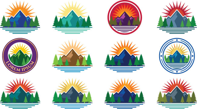 Mountain landscape vector emblem set featuring geometric peaks sunrise sunburst evergreen pine trees lakes and adventure logo design badges,
