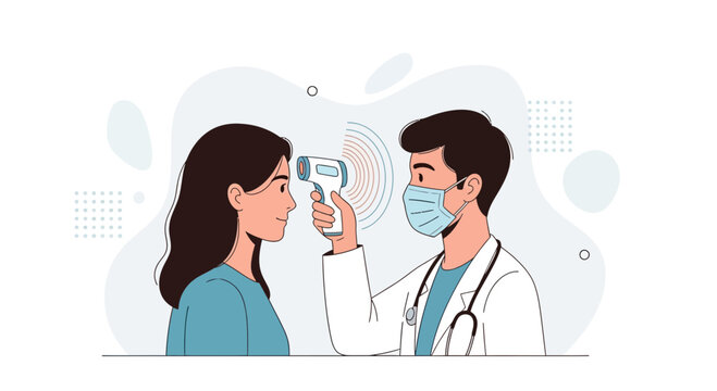 Doctor taking temperature of patient with infrared thermometer, medical check-up and health screening concept