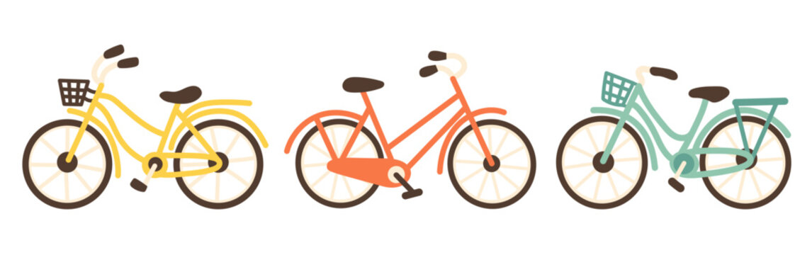 Cute hand drawn bicycle vector illustration in flat cartoon style. City bike with basket, pastel colors and simple shapes, isolated on white background, perfect for transport and lifestyle themes