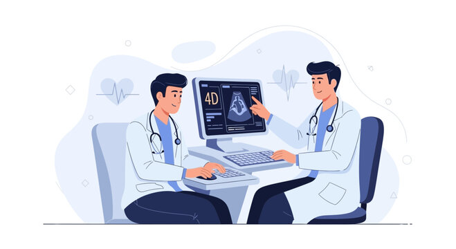 Doctors Analyzing 4D Ultrasound Scan on Computer Screen, Medical Technology and Healthcare Concept