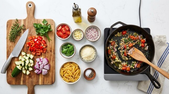 A cooking scene with a cast-iron skillet containing vegetables and a wooden spoon, surrounded by various ingredients on a cutting board, with a knife and a bottle of oil in the background.