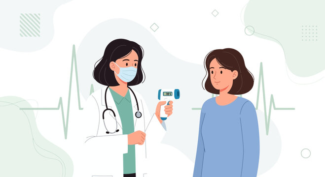 Doctor with thermometer checking patient's temperature, healthcare concept, vector illustration
