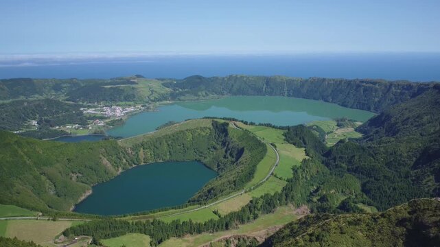 Majestic volcanic crater lakes sete cidades, also known as blue and green lake, in sao miguel, azores