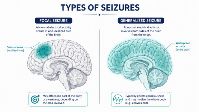 Seizure brain focal and generalized medical diagram anatomy activity, educational illustration show neurological symptom and treatment concept