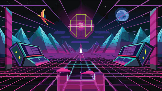 Retro arcade cyberpunk landscape with neon grids and mountains landscape cyberpunk mountains synthwave eighties perspective technology illusion atmosphere environment background electronic
