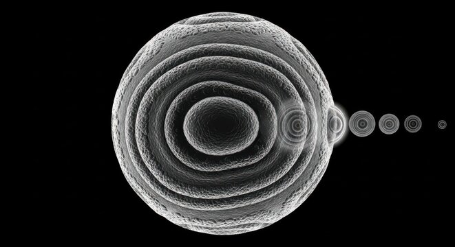 A scanning electron micrograph captures a detailed close-up view of a circular object with concentric rings on a solid black background.