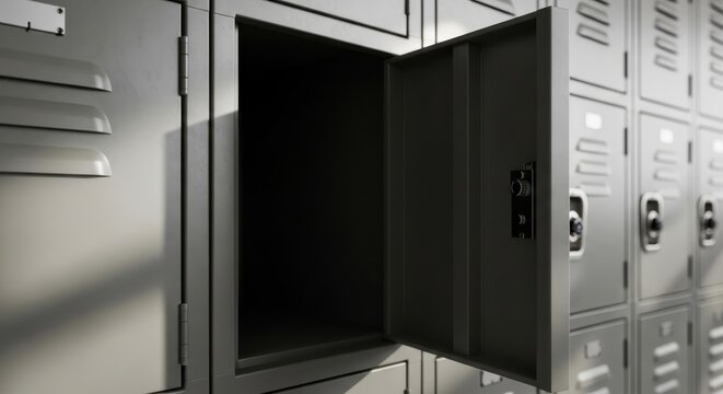 A close-up view of an open gray metal locker revealing empty space among rows of closed lockers.