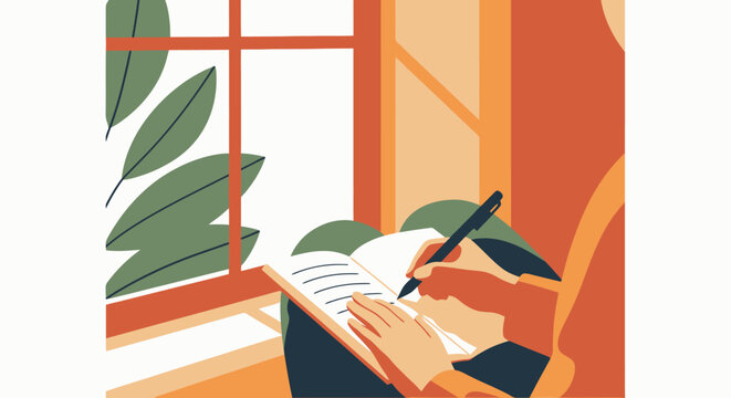Person writing in a notebook near a window.