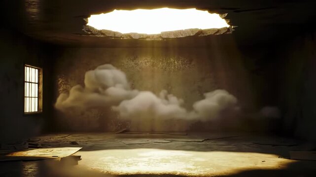 Surreal dark room featuring white clouds floating inside under a bright beam of light from a broken ceiling hole. Distressed walls, cracked floor, and small window.