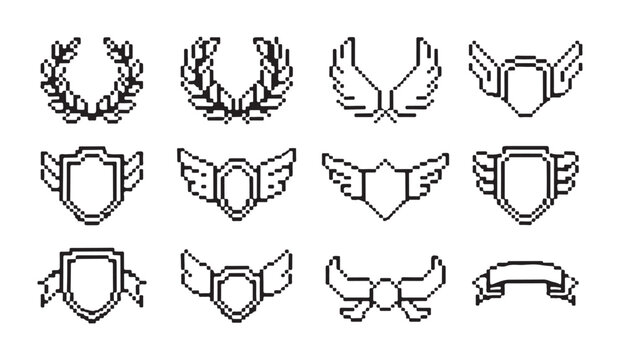 Pixel art laurel wreaths and winged shields, black and white 8 bit style emblems retro arcade game ui.