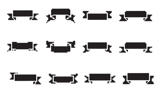 Group of solid black pixel art ribbons, retro game design elements.