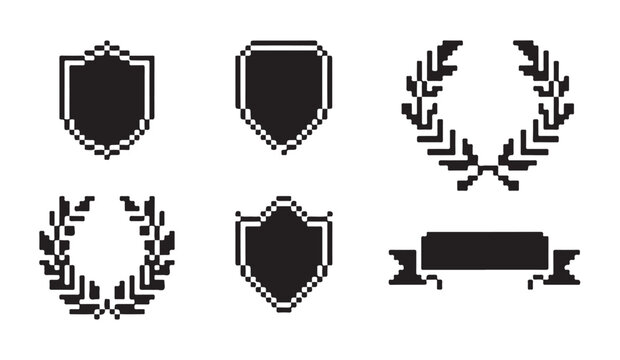 Pixel art shields and laurel wreaths, retro game award elements.