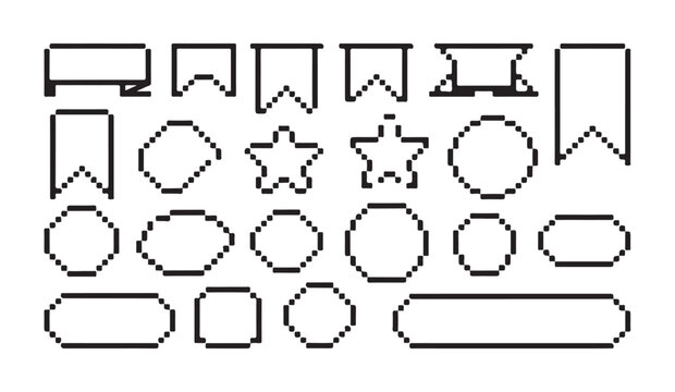 Digital frame collection with pixelated speech bubbles and geometric banner shapes set group.
