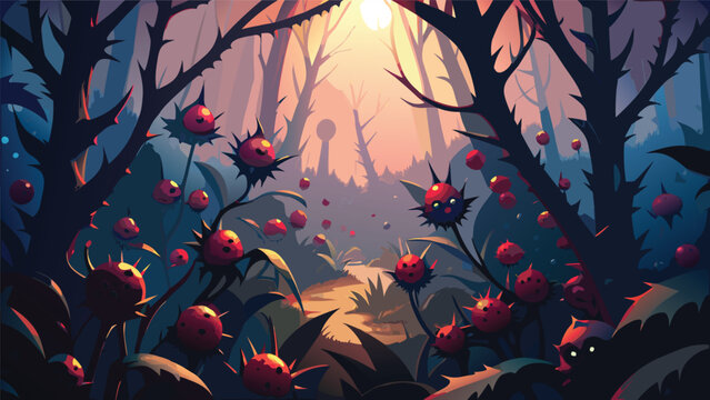 Enchanted dark forest with red glowing thorns and spiky berries mystical landscape adventure environment botanical wilderness background illustration mysterious fictional vegetation
