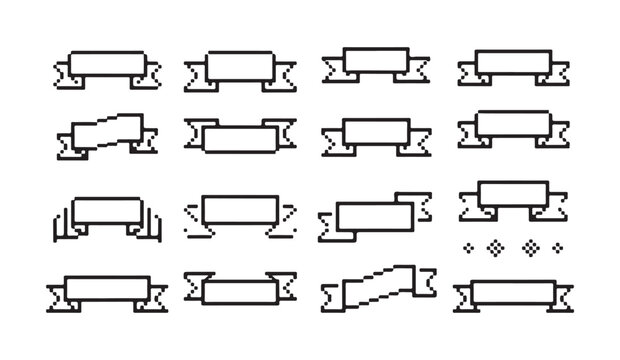 Pixel art banners collection, retro digital design elements for labels.