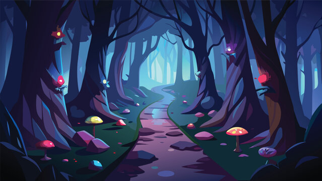 Magical enchanted forest path at night with glowing mushrooms glowing fungi fantasy world glowing plants glowing flora dark forest mushrooms enchanted illumination mystical background
