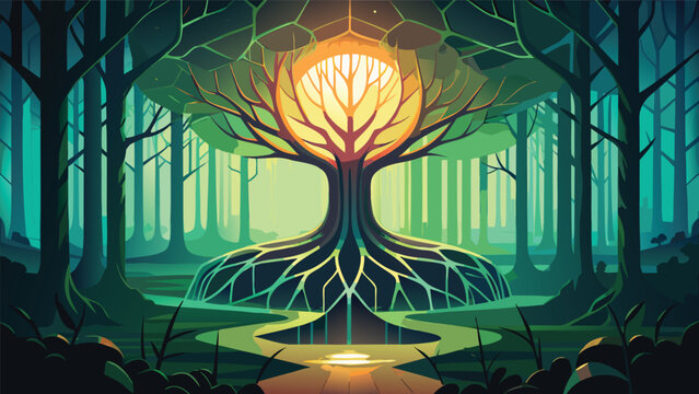 Glowing tree of life in mystical forest concept with glowing roots fantasy world glowing light nature energy life cycle nature illustration fantasy landscape mystical spiritual environment
