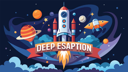 Space rocket launch graphic with planets stars and banner in dark cosmic background science fiction outer space spaceship exploration universe astronomy adventure illustration creative © icon sos