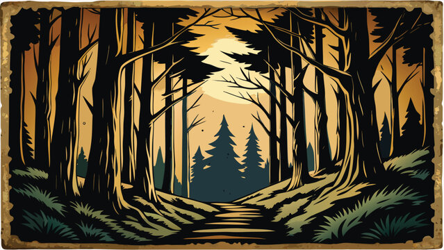 Enchanted forest pathway at twilight in antique frame with twilight landscape illustration outdoors woodland mysterious silhouette moonlight environment wilderness countryside peaceful