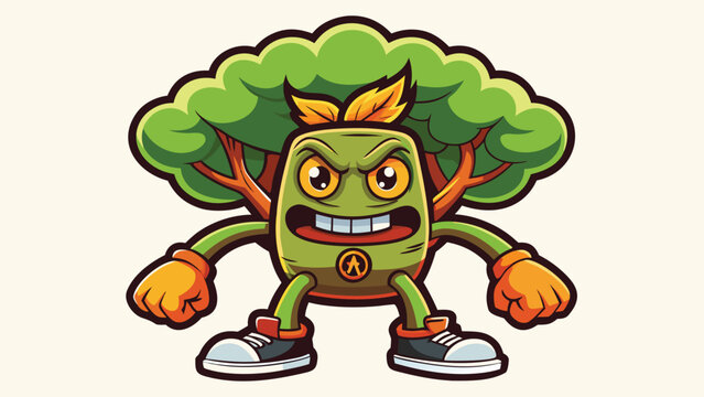 Cartoon tree monster mascot with green leafy foliage and powerful stance character creature illustrative powerful youthful woodland artistic whimsical imagination creativity personality