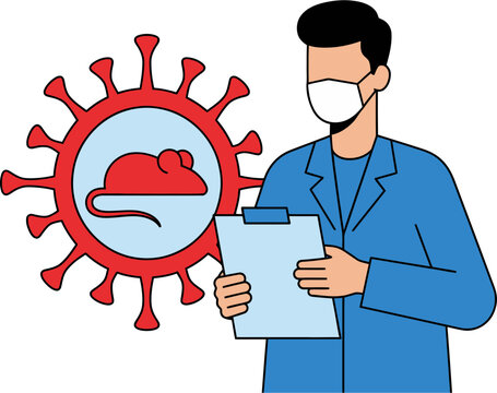 Medical researcher in mask studying virus characteristics with lab mouse on clipboard data