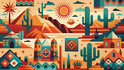 Desert landscape illustration with colorful geometric shapes and cacti in southwestern artistic style landscape southwestern geometric colorful mountains illustration abstract southwest © icon sos