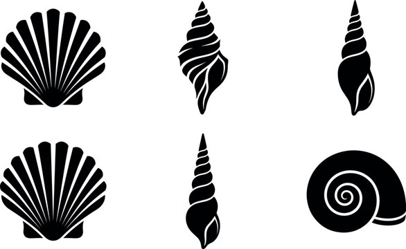 Set of black sea shell silhouettes featuring scallop conch and spiral snail shapes for summer beach ocean graphic designs