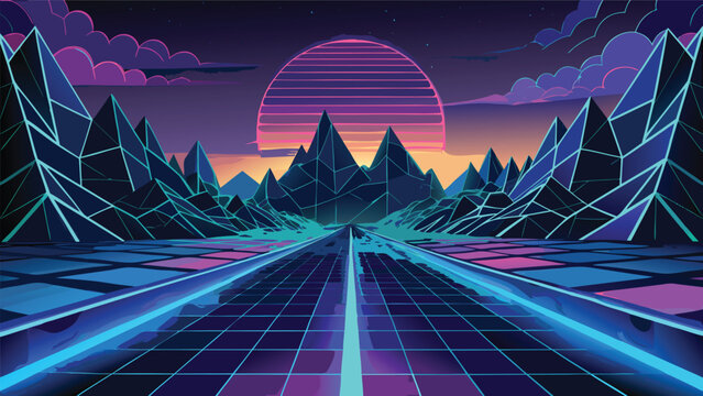 Neon synthwave landscape featuring mountain silhouette and digital horizon synthwave landscape mountains retrowave vaporwave cyberpunk aesthetic eighties background technology abstract