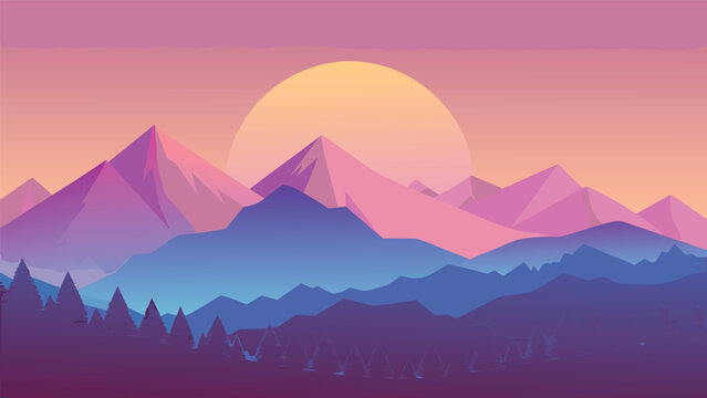Mountain range landscape with sunset and pine trees silhouette mountain landscape silhouette gradient wilderness adventure beautiful panoramic peaceful tranquil artistic illustration