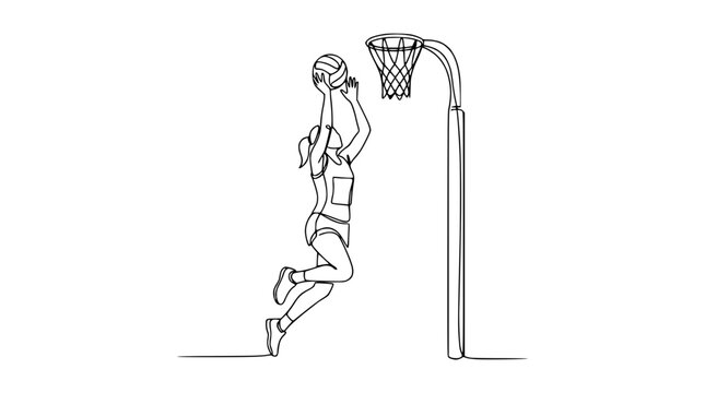 Continuous line drawing of a female netball player jumping to shoot a goal