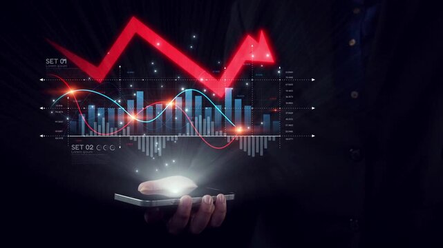 Economic caution visualized with fluctuating market graph, alert symbols, and negative data trends. Represents financial risk, market volatility, and economic uncertainty. Elide