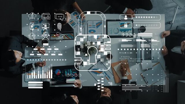 A dynamic business team engages in a strategic meeting focused on digital security, analyzing data protection strategies through infographics and charts in a modern office. Raster