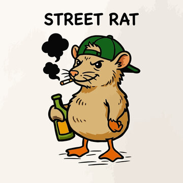 Cartoon rat in green cap smoking.