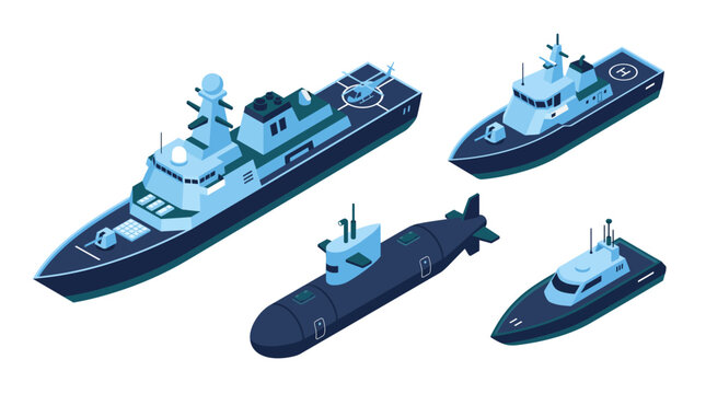 Isometric Maritime Defense Vector Set. Modern Navy Warship, Military Patrol Vessel, Tactical Submarine, and Fast Interceptor Boat Fleet Illustration.