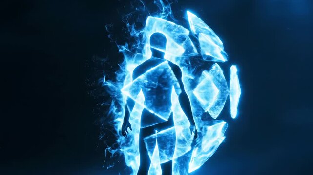 Silhouette surrounded by blue energy shards, figure stands inside breaking plasma shell while electric fragments orbit and coalesce, cinematic dark studio atmosphere with dramatic glow