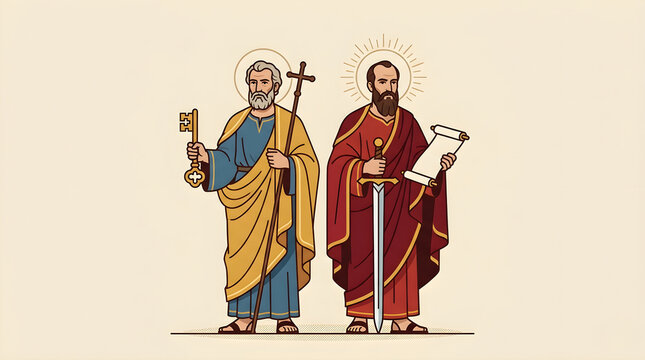Feast of Saints Peter and Paul Vector Illustration with Saint Peter Holding Keys and Saint Paul with Sword
